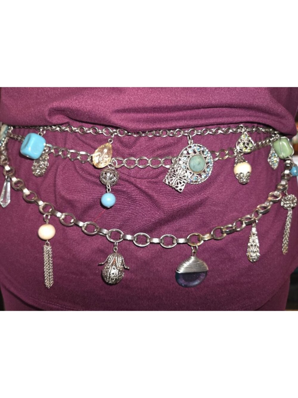 Vintage-Inspired Silver Chain Belt With Turquoise & Crystal Charms Cameo Pendant
